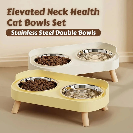 Fashion Dopamine Color Raised Pet Feeder | Dual Stainless Steel Bowls with Neck Support | Stylish Elevated Food & Water Station