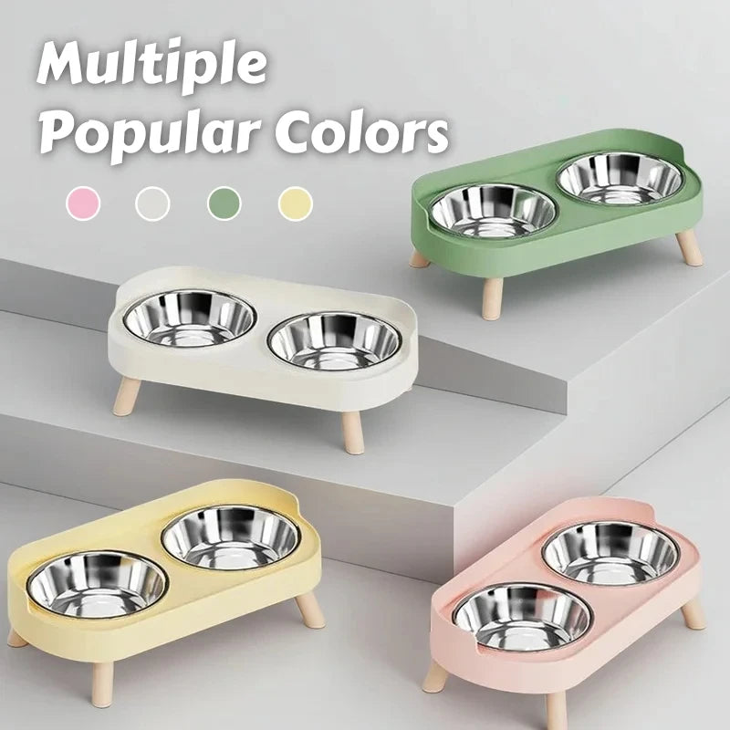 Fashion Dopamine Color Raised Pet Feeder | Dual Stainless Steel Bowls with Neck Support | Stylish Elevated Food & Water Station