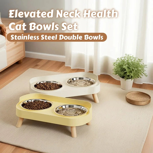 Fashion Dopamine Color Raised Pet Feeder | Dual Stainless Steel Bowls with Neck Support | Stylish Elevated Food & Water Station